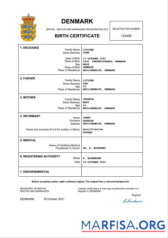 Downloadable Denmark vital record birth certificate Word and PDF template